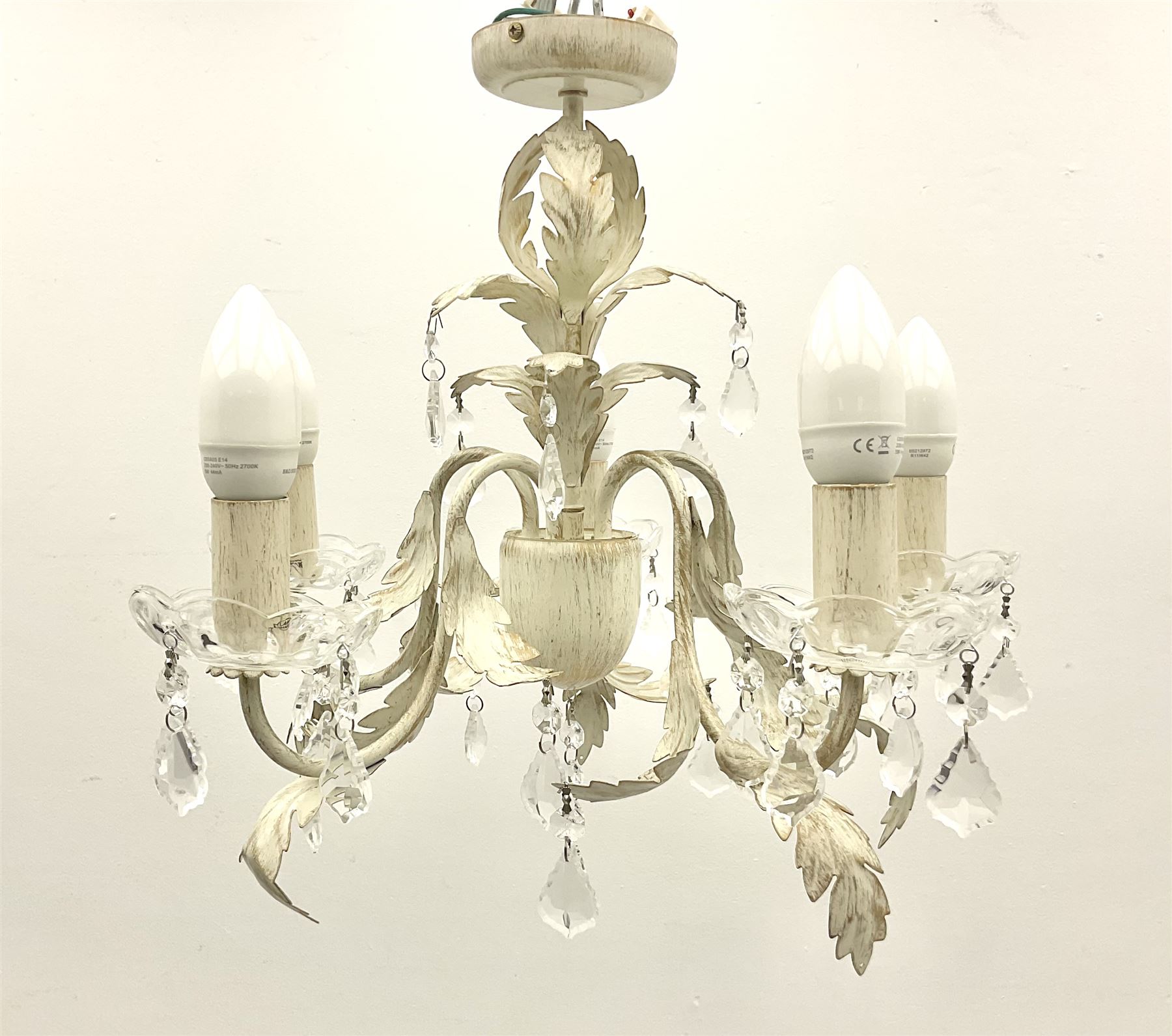Single five branched chandelier with leaf and droplets detail H39cm