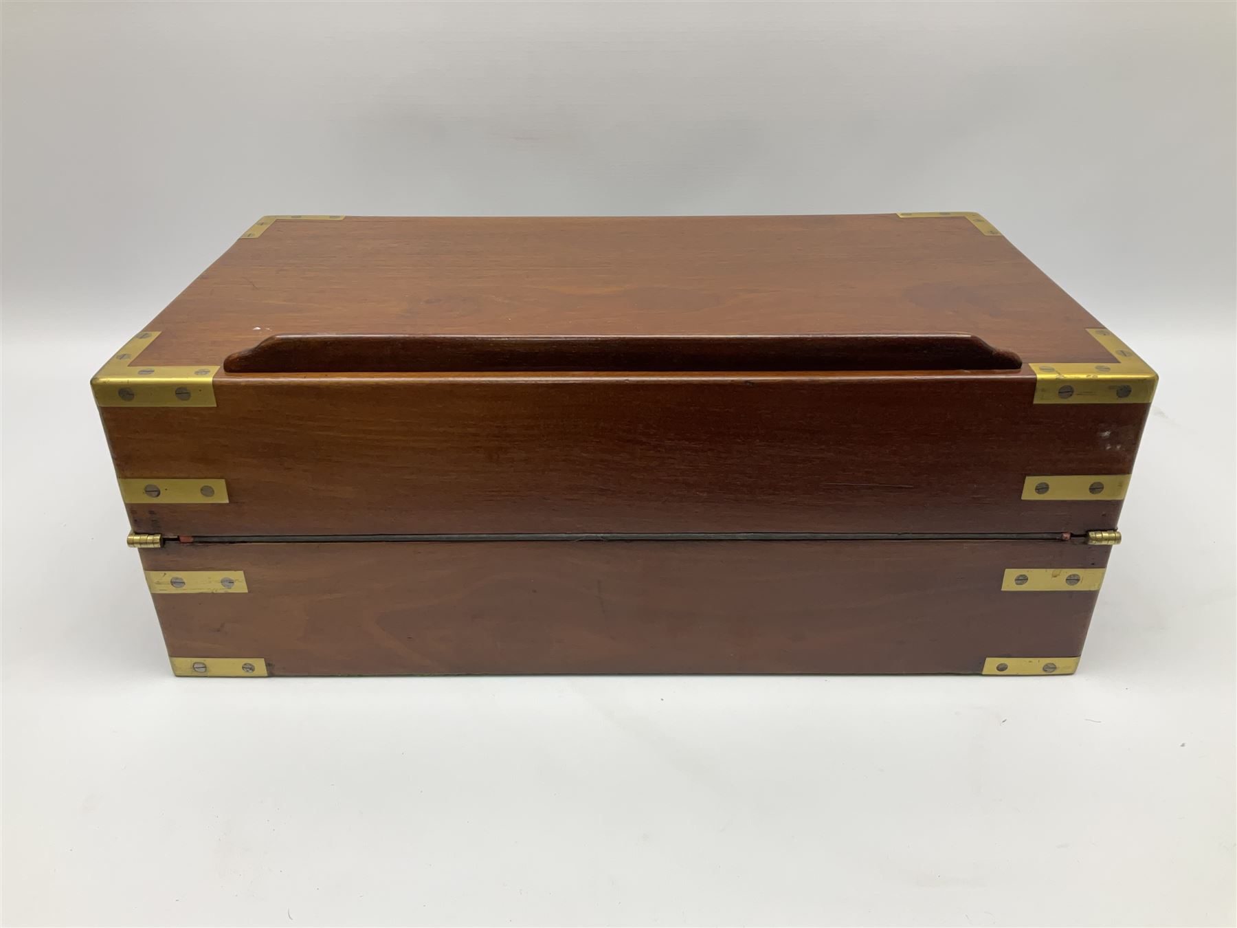 19th century mahogany and brass bound writing slope with twin drop carry handles to sides - Image 23 of 24