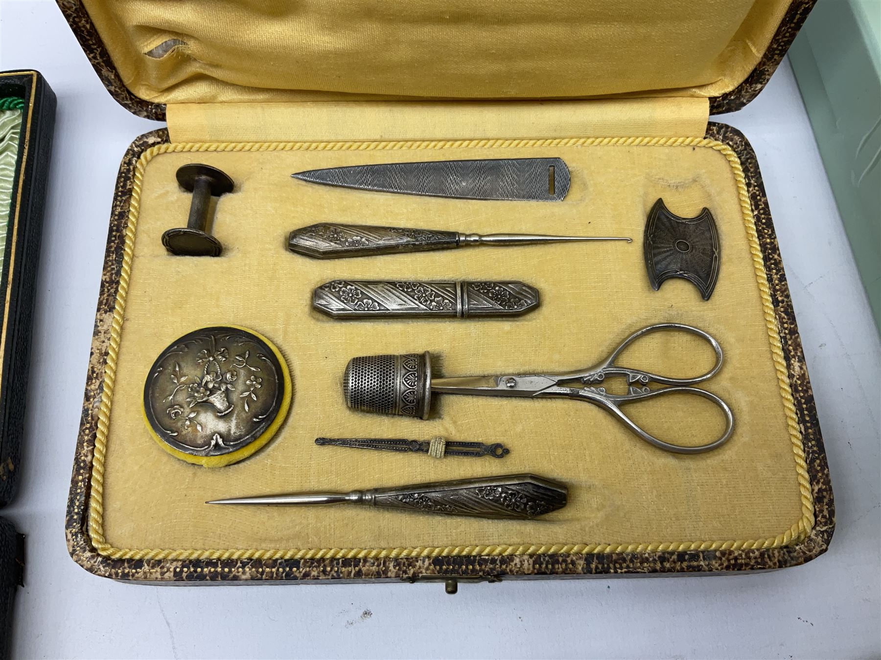 Cased set of carved bone sewing instruments housed in a case depicting North Bay Scarborough - Image 4 of 9