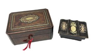 19th century ebonised sewing box with inlaid burr yew panels
