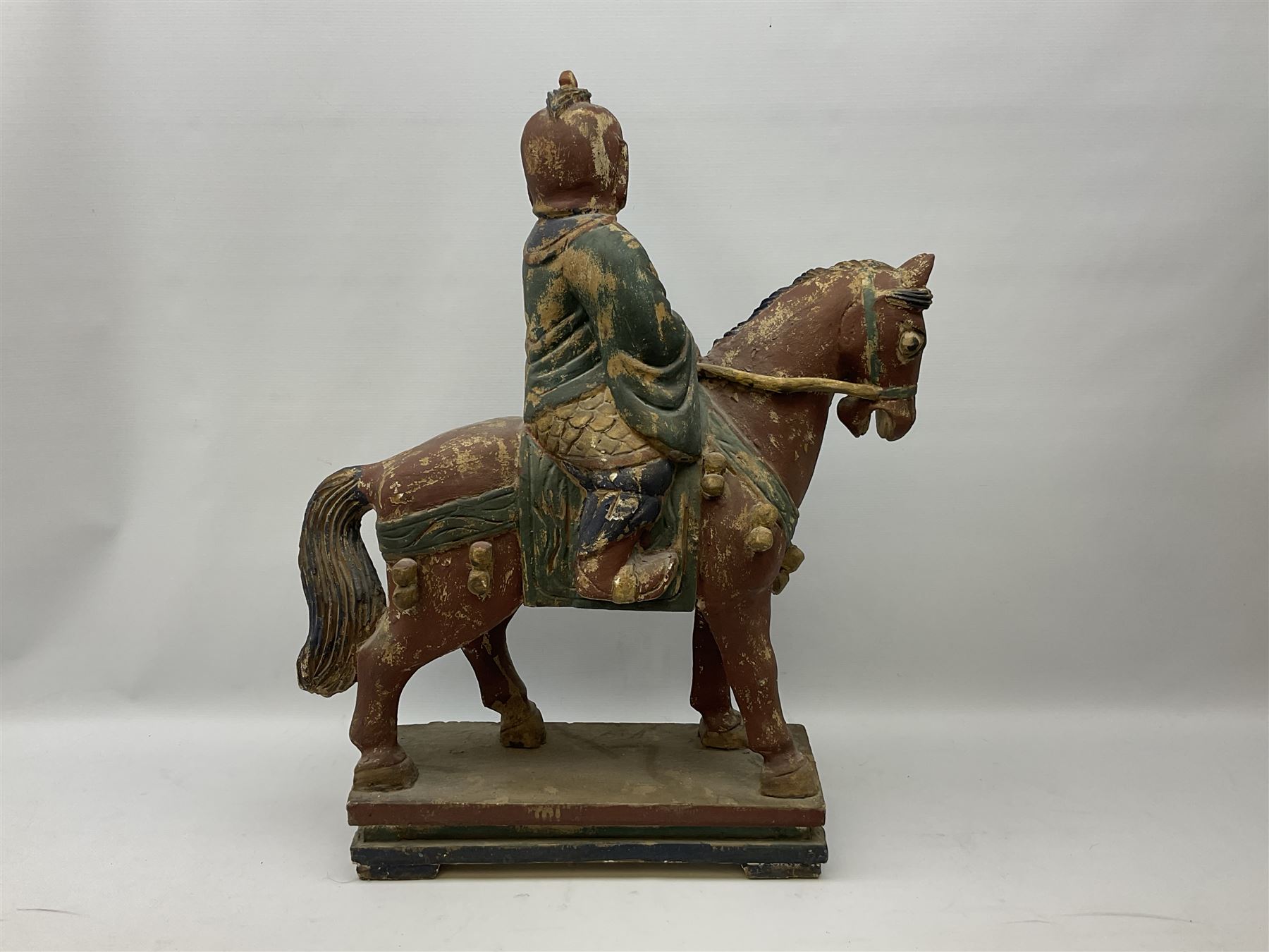 Large carved wood painted figure of warrior on horseback - Image 7 of 9