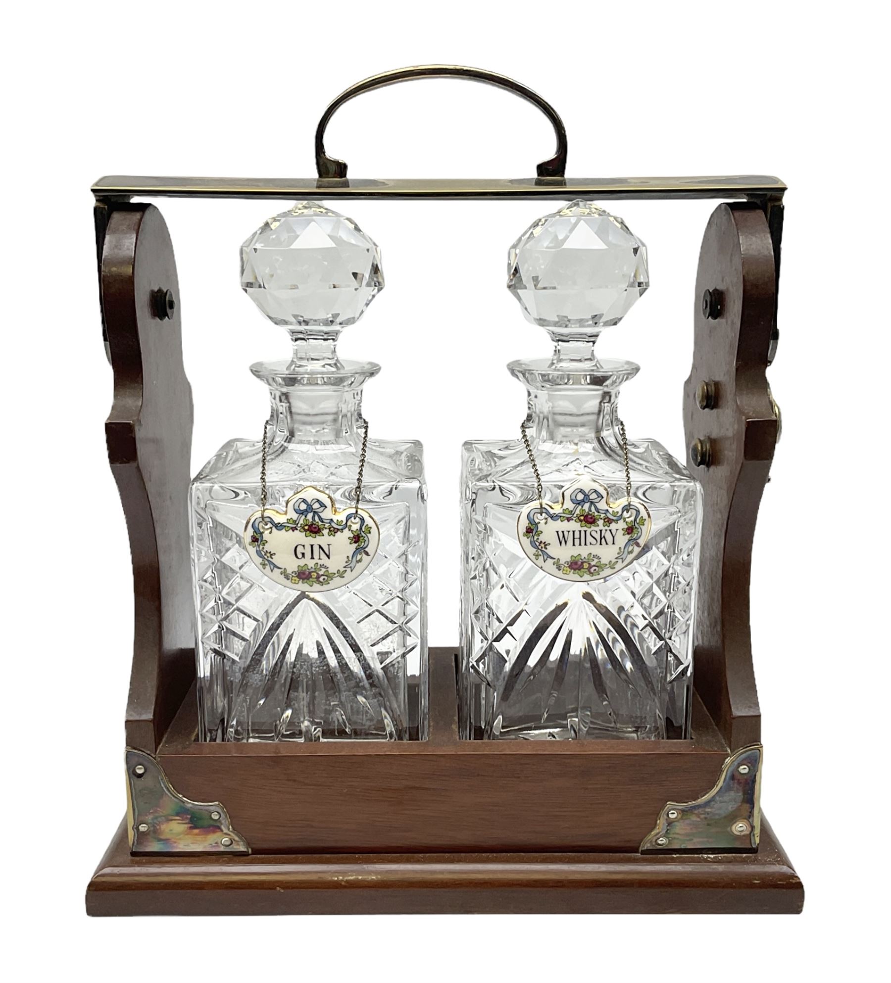 Late 20th century mahogany and silver plated two cut glass decanter tantalus