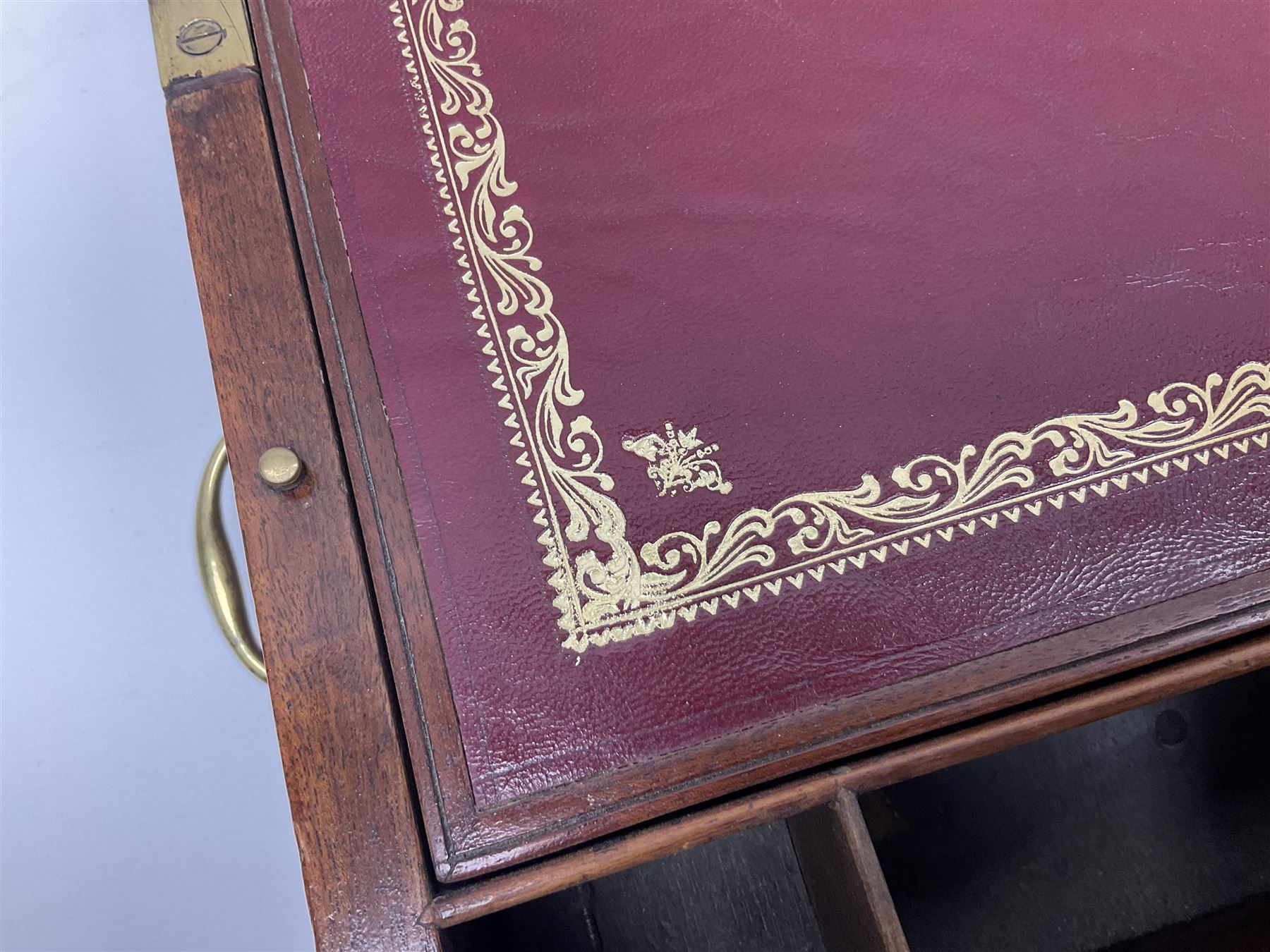 19th century mahogany and brass bound writing slope with twin drop carry handles to sides - Image 8 of 24