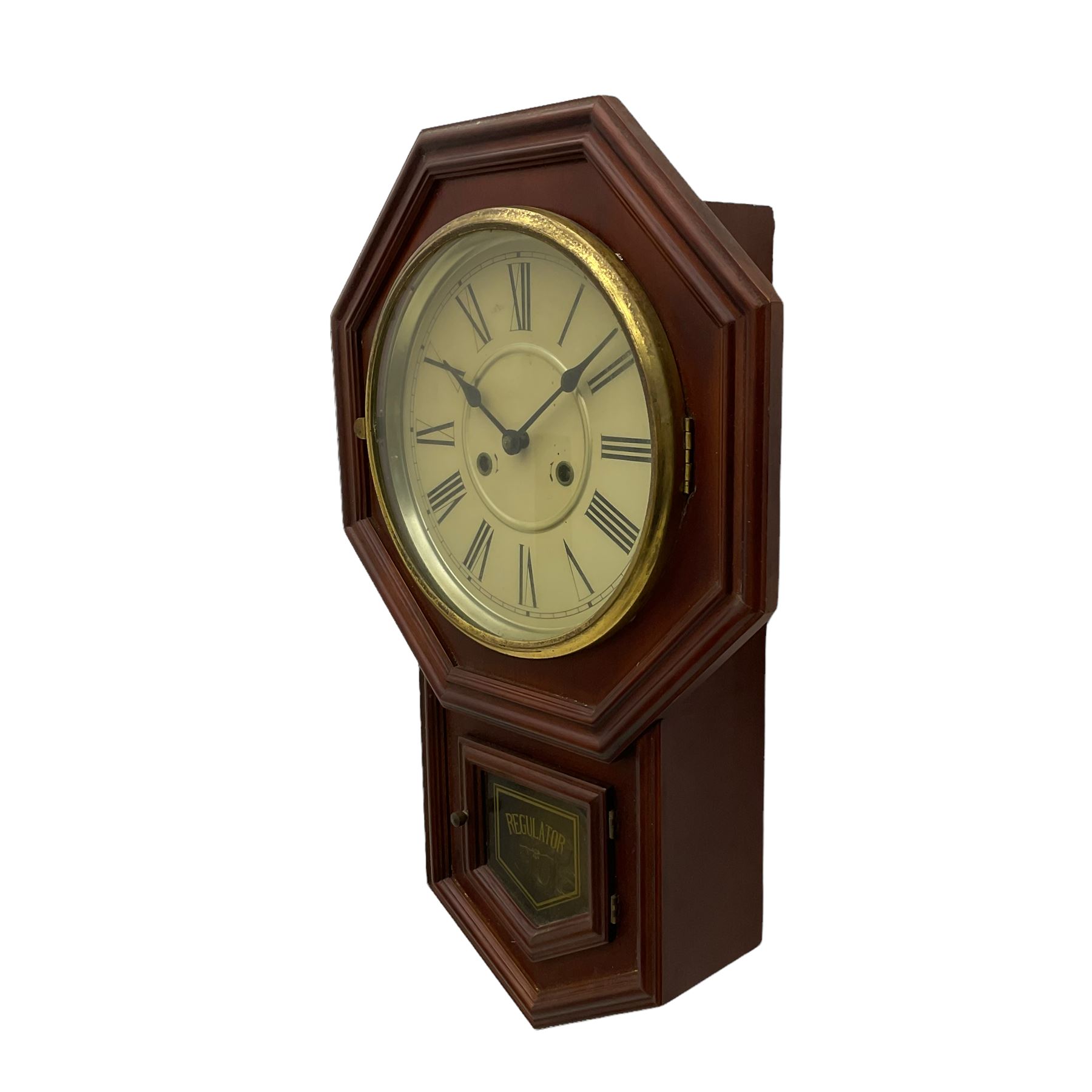 A mahogany effect American early 20th century �regulator� wall clock with an octagonal wooden dial s - Image 2 of 4