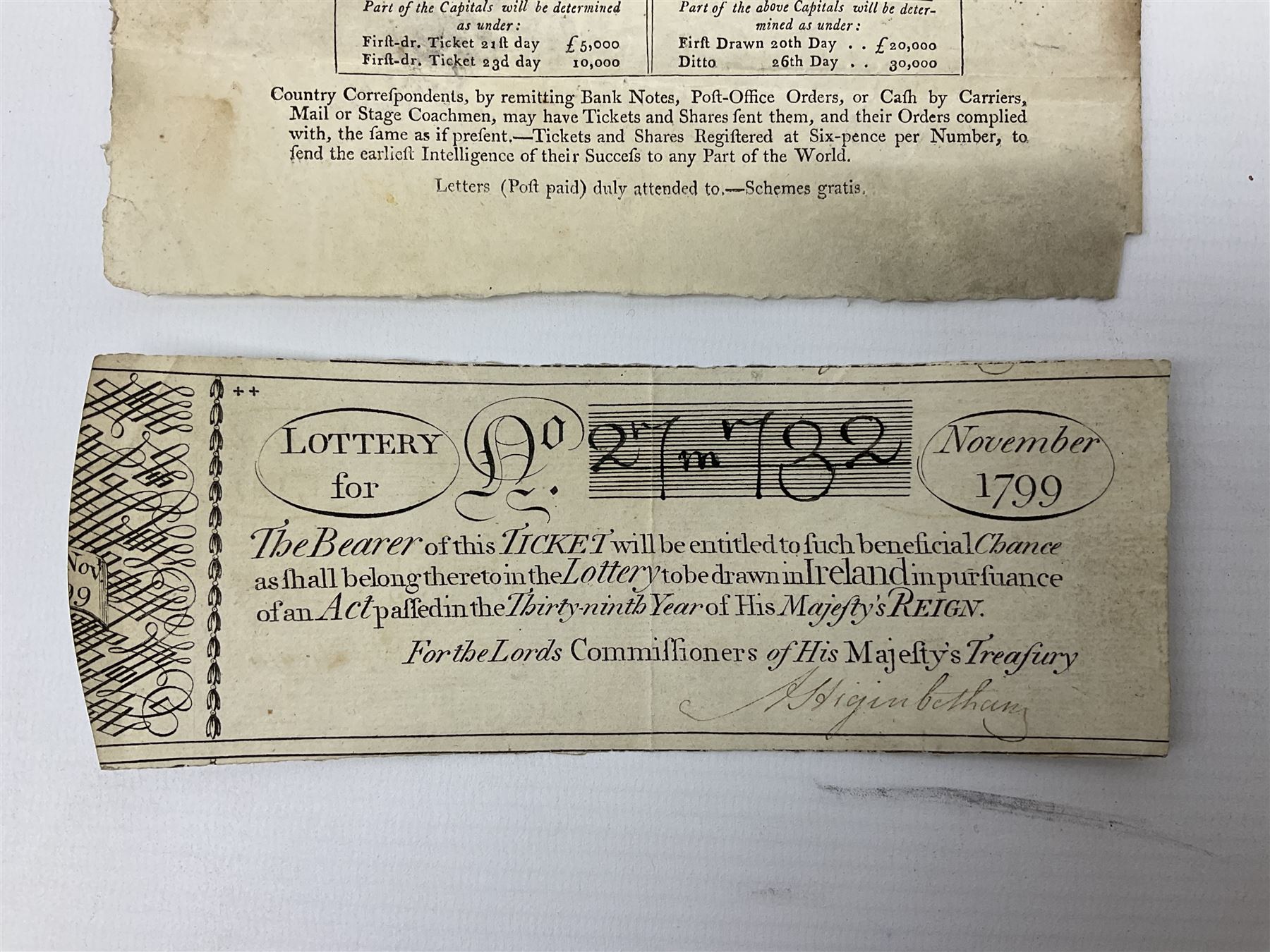 1799 Irish Lottery Ticket for the November 18th lottery signed by A. Higinbotham; together with a ha - Image 3 of 5
