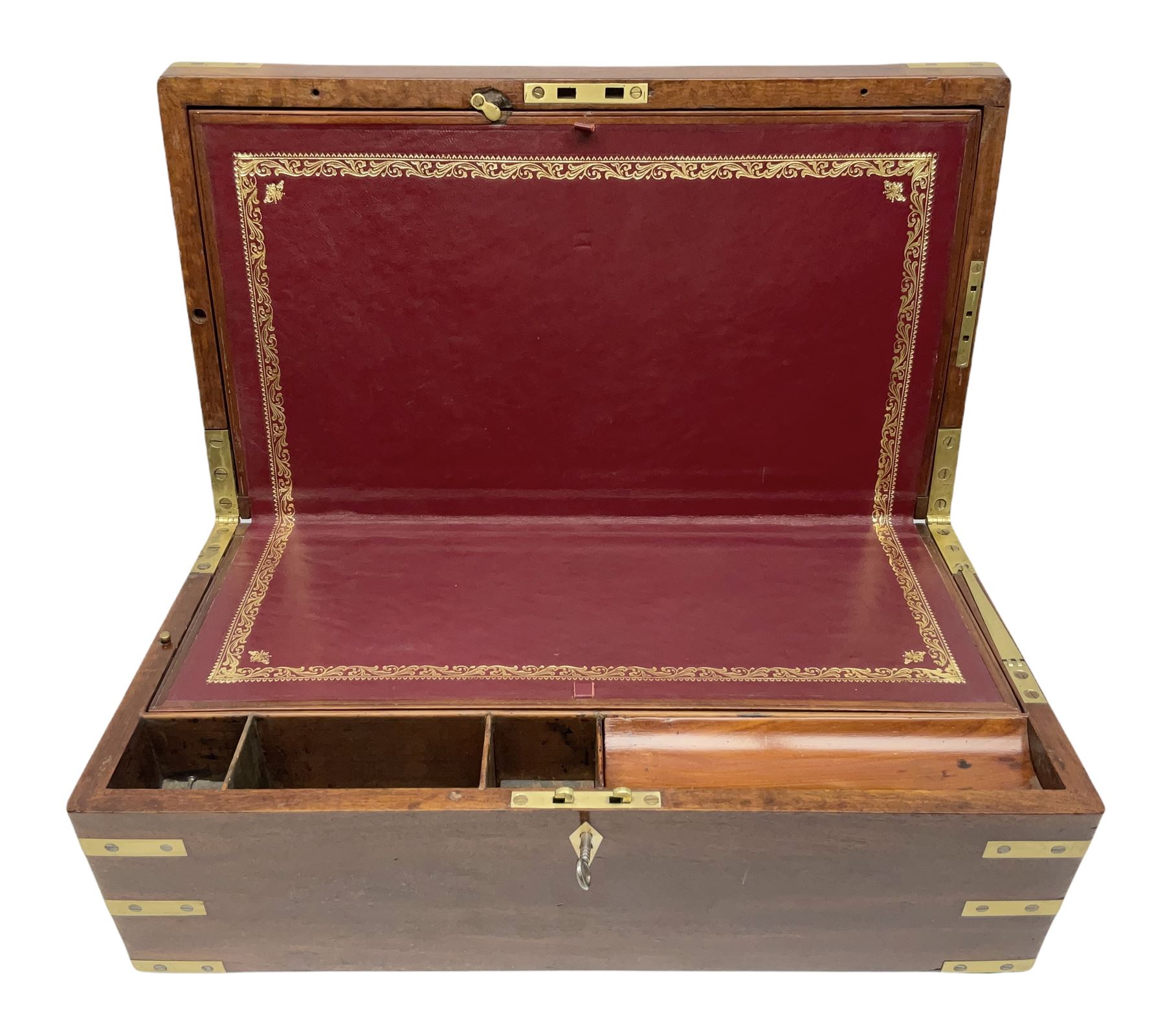 19th century mahogany and brass bound writing slope with twin drop carry handles to sides - Image 2 of 24