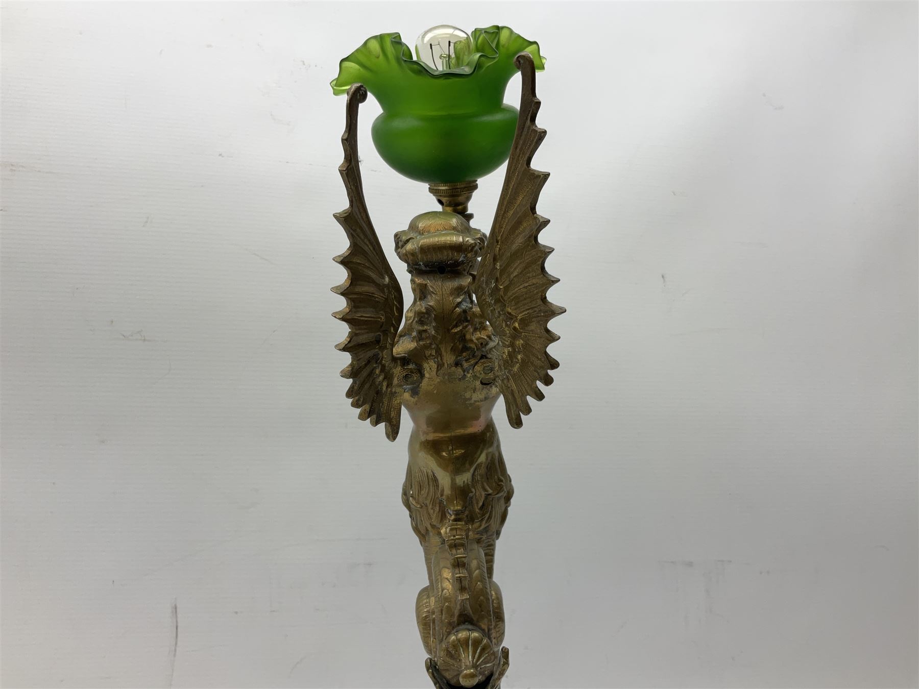 Victorian gilt bronze converted gas lamp in the form of mythical winged mermaid upon a circular oak - Image 4 of 5