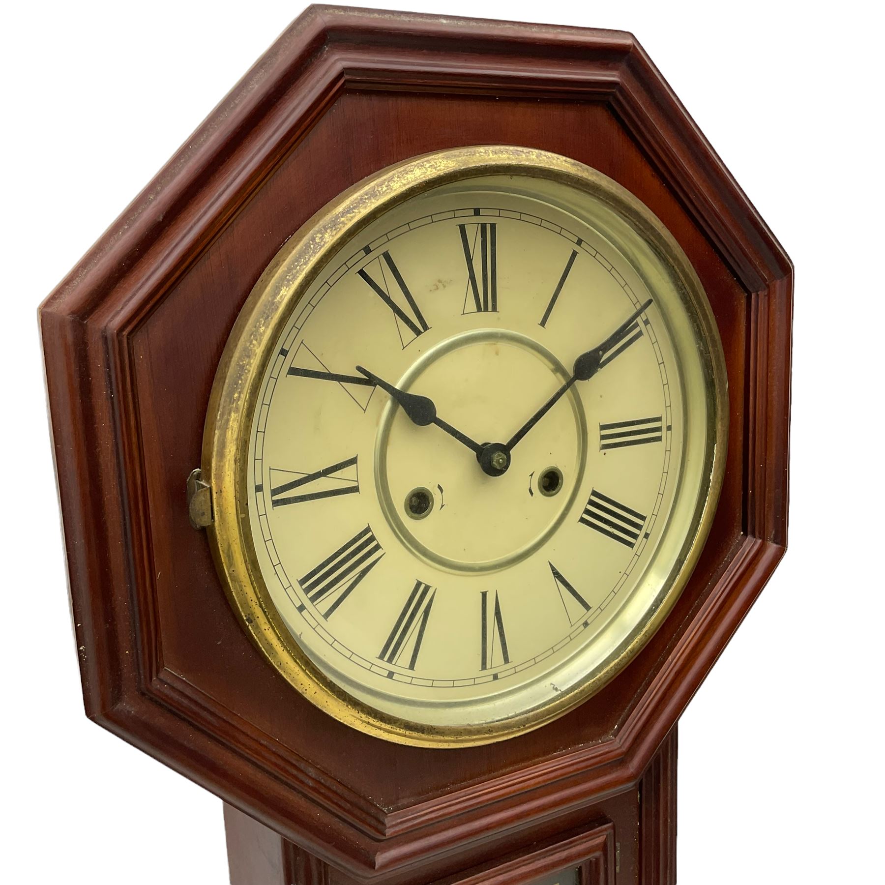 A mahogany effect American early 20th century �regulator� wall clock with an octagonal wooden dial s - Image 3 of 4