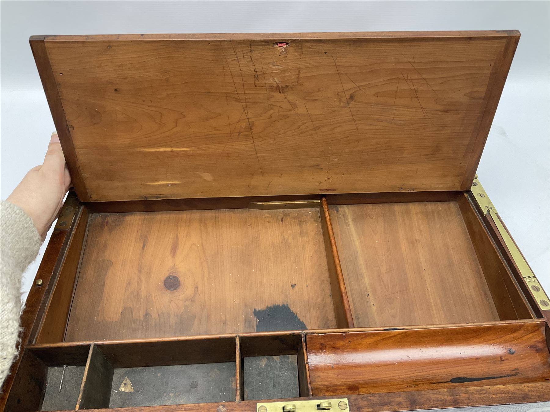 19th century mahogany and brass bound writing slope with twin drop carry handles to sides - Image 21 of 24