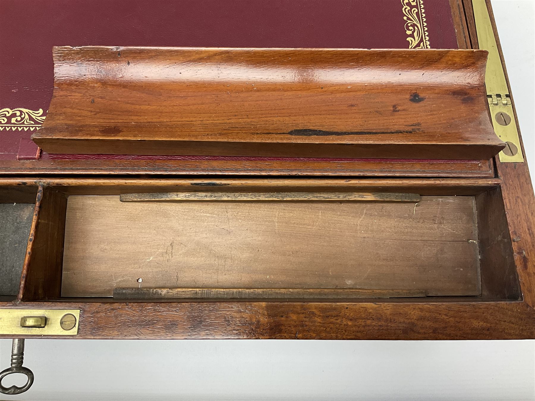 19th century mahogany and brass bound writing slope with twin drop carry handles to sides - Image 16 of 24