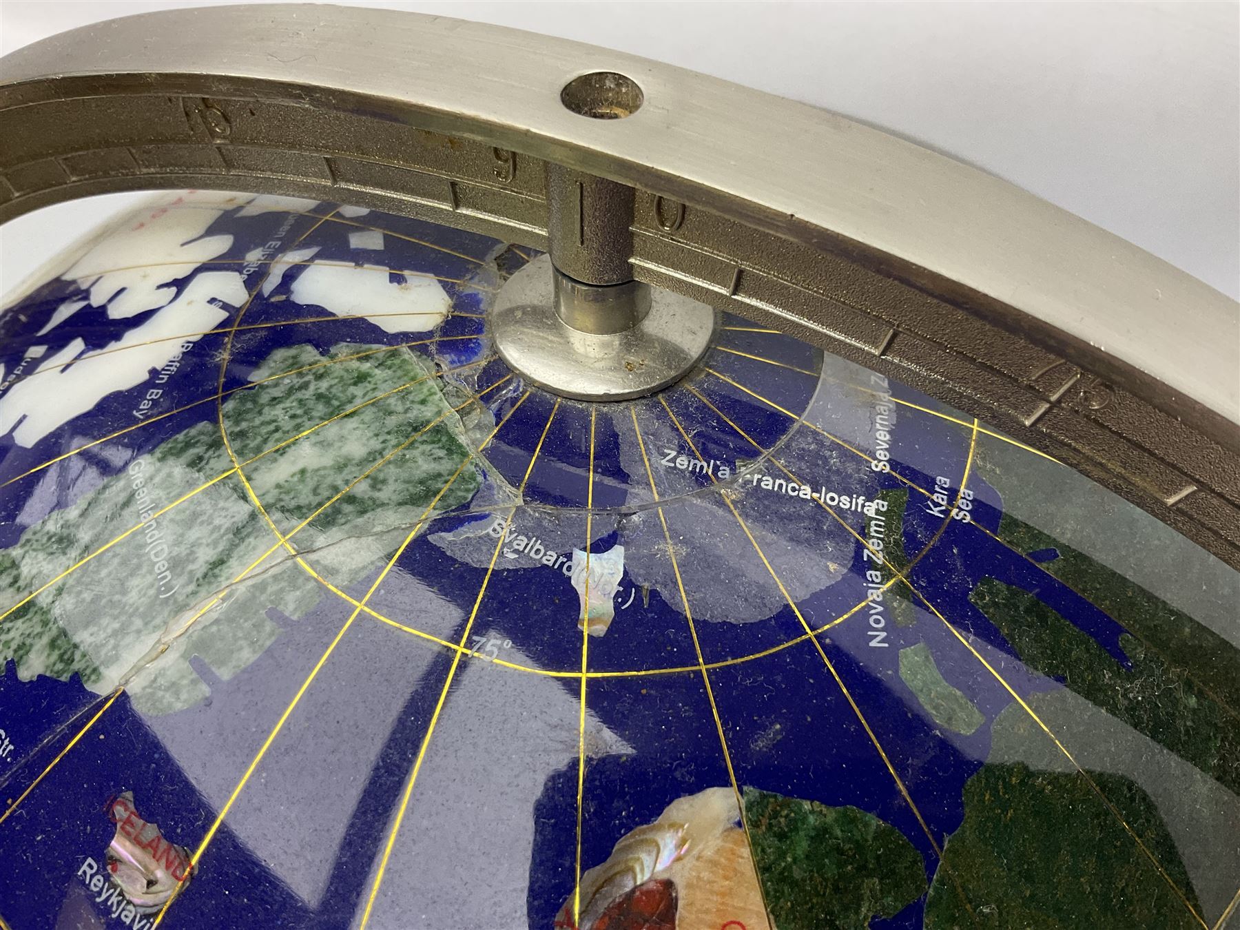 Modern hardstone inlaid terrestrial table globe in brushed steel stand - Image 7 of 9