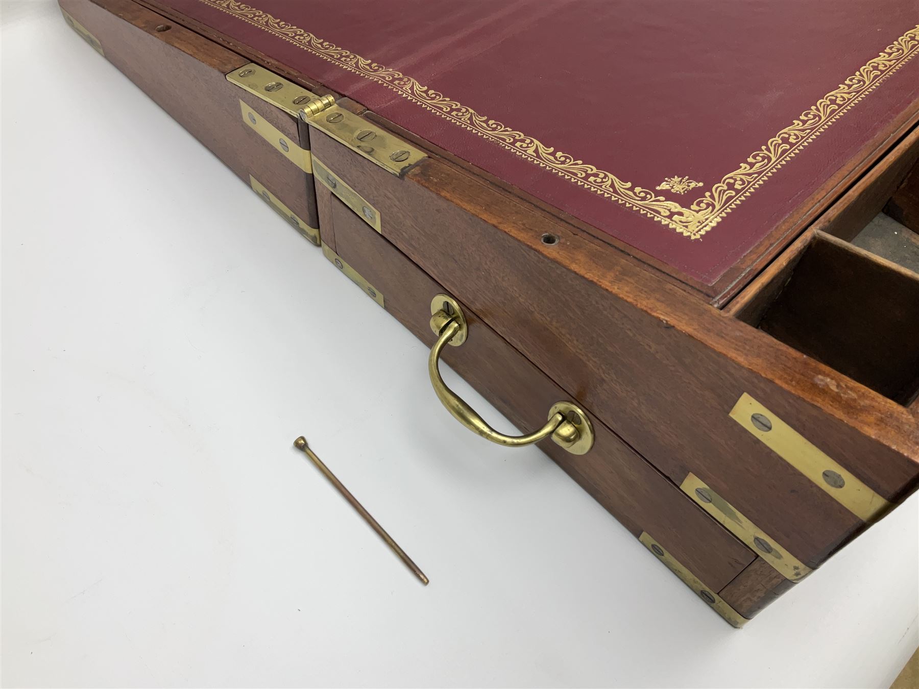 19th century mahogany and brass bound writing slope with twin drop carry handles to sides - Image 17 of 24