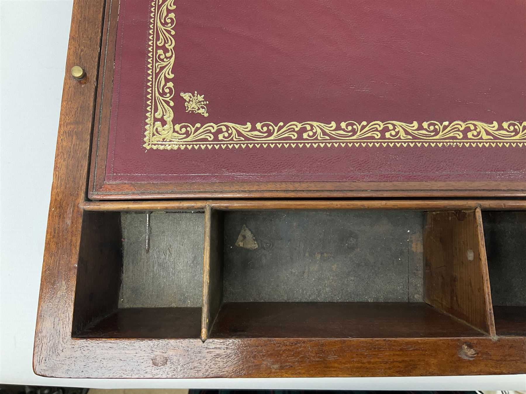 19th century mahogany and brass bound writing slope with twin drop carry handles to sides - Image 14 of 24