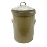 Stoneware flour bin with twin handles and a metal lid