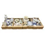 Four boxes of Victorian and later ceramics to include blue and white