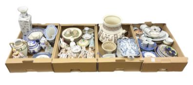 Four boxes of Victorian and later ceramics to include blue and white