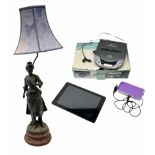 French figural spelter lamp modelled as a lady upon turned stepped circular base with blue fabric sh