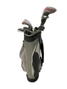 Delta golf clubs in bag and a travel fridge