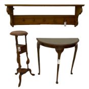 Hardwood 3-tier tripod plant stand; walnut half-round cabriole leg hall table; and pitch pine hangin