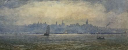 English School (Early 20th century): Boats off a City Skyline