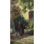 Hans Holzapfel (German 1884-1960): Monk Sweeping a Courtyard