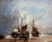 English School (20th century): Beached Ships with Figures