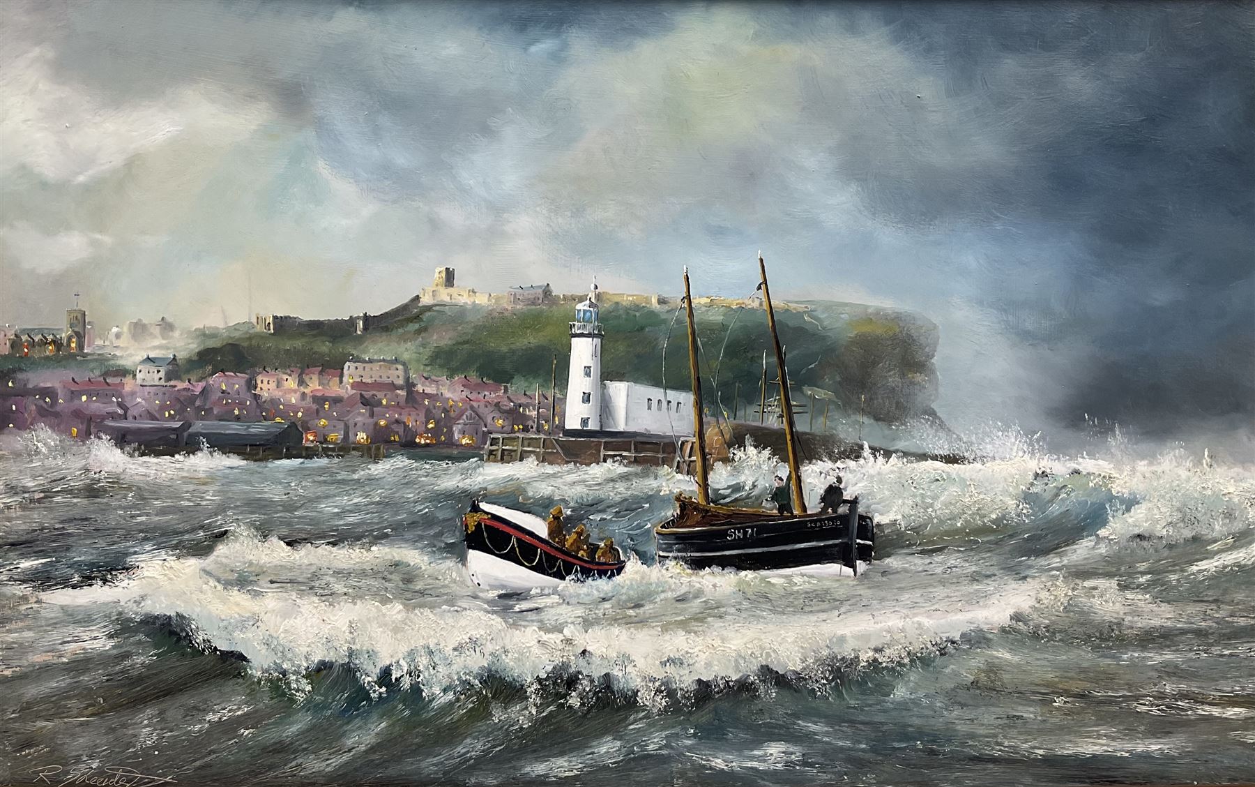 Robert Sheader (British 20th century): Leaving Scarborough Harbour under Stormy Skies