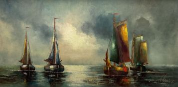 Neil Whitehand (British 20th century): 'Dacon' Ships in Calm Waters