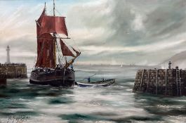 Peter Gerald Baker (British 20th century): Fishing Boat and Ship in Full Sail at Whitby Harbour