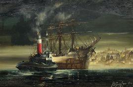 Peter Gerald Baker (British 20th century): Masted Battleship Richelieu near French Coast