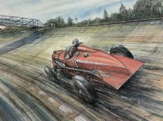 Phil May (British 1925-): 'Full Throttle' depicting Sir Henry (Tim) Birkin BT taking the outer-circu