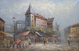 French School (20th century): Parisian Street Scene with Figures and Flower Market