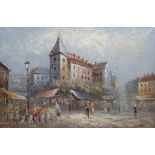 French School (20th century): Parisian Street Scene with Figures and Flower Market