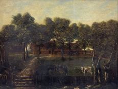 English Primitive School (Early 19th century): Farmstead with Horses and Cattle Grazing