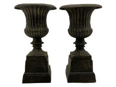 Pair of bronze finish small cast iron classical garden urns