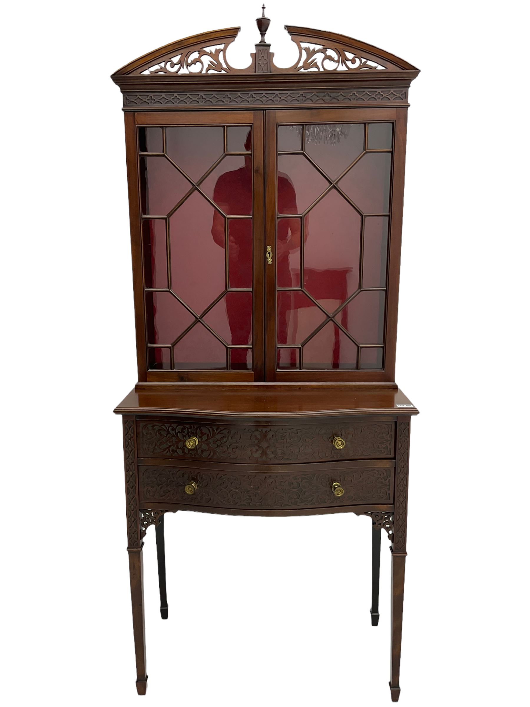 Edwardian mahogany tall and narrow display cabinet with scroll pierced broken arch pediment over two - Image 7 of 7