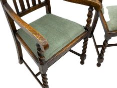 Set of four early to mid-20th century oak barely twist dining chairs