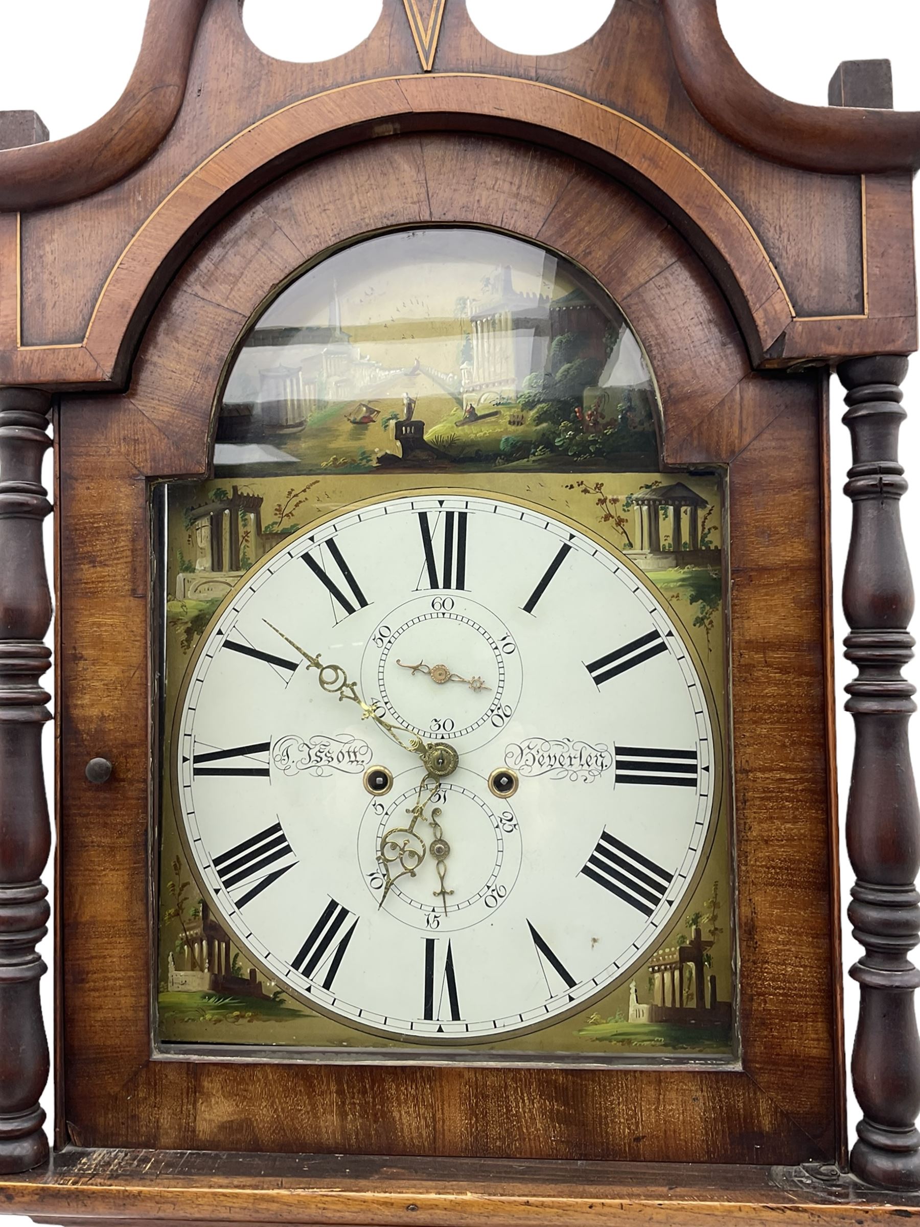 A mid-19th century c1840 mahogany longcase clock with a swan's neck pediment and turned wooden pater - Image 3 of 4