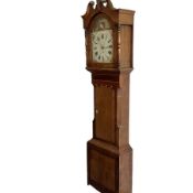 A mid-19th century 30 hour longcase clock in an oak and mahogany case with an inset maple panel and