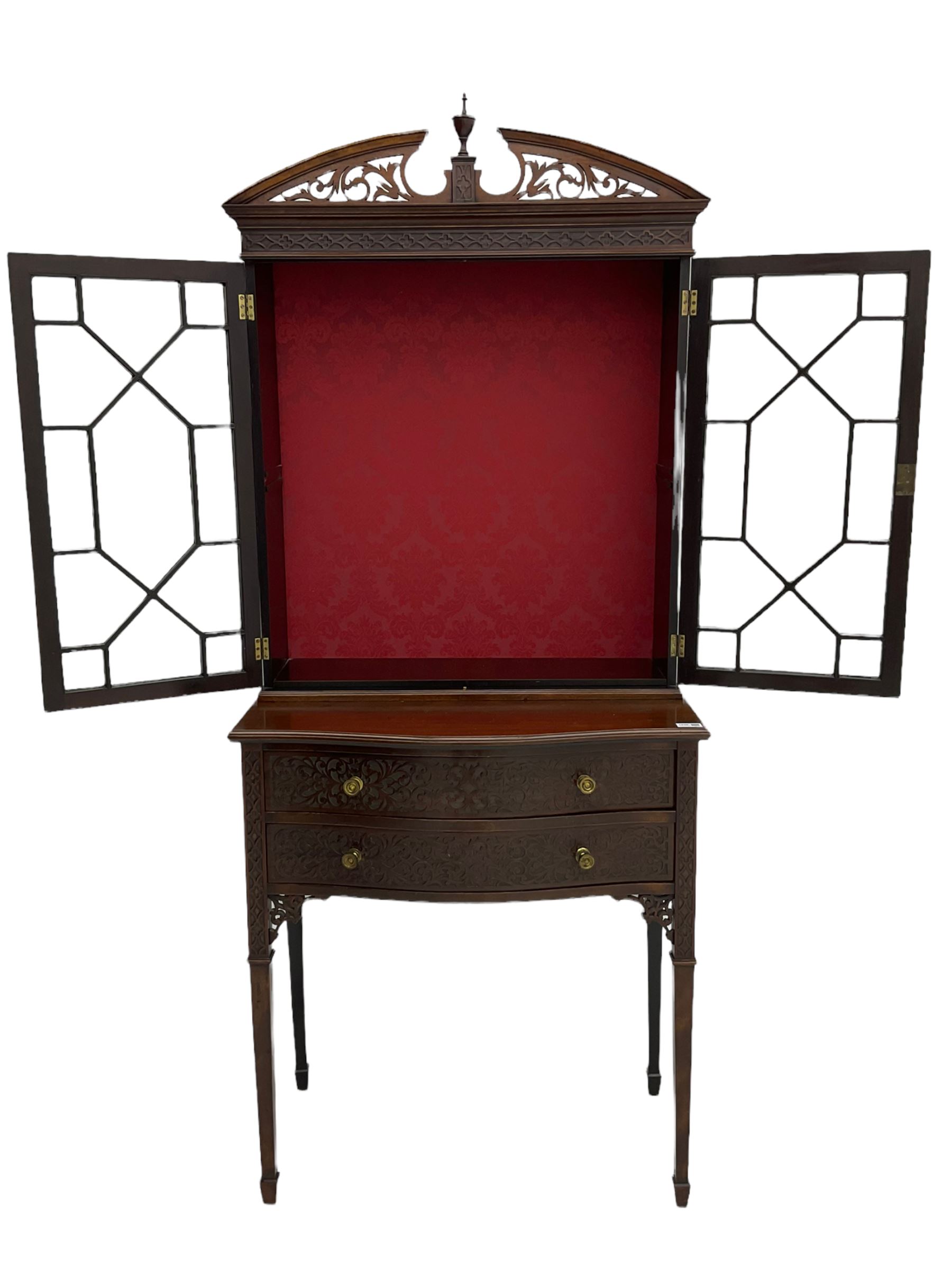 Edwardian mahogany tall and narrow display cabinet with scroll pierced broken arch pediment over two - Image 5 of 7