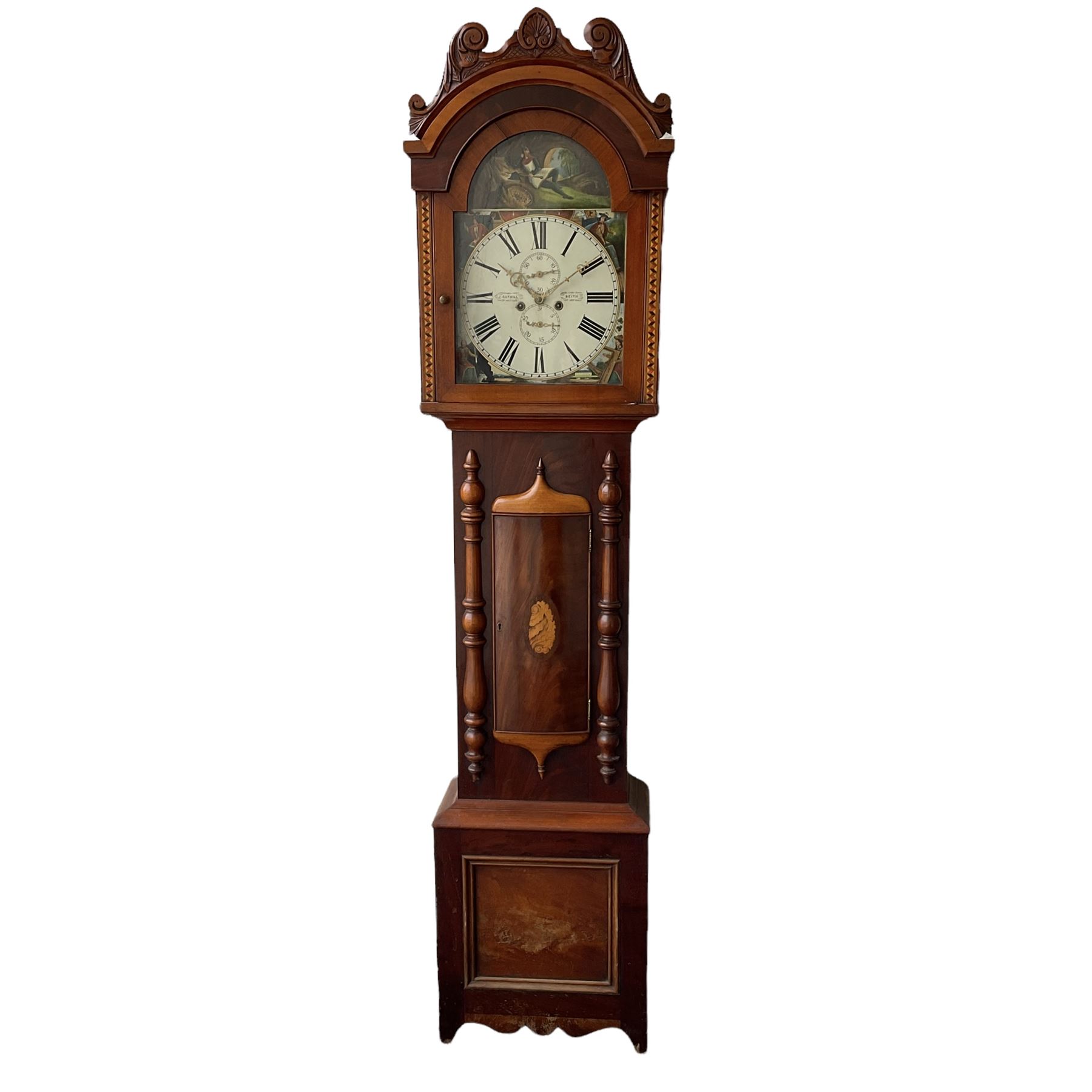 A Scottish longcase clock c 1890 in a contrasting light and dark mahogany veneered case