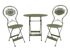 Oval pale green folding garden table and two folding chairs