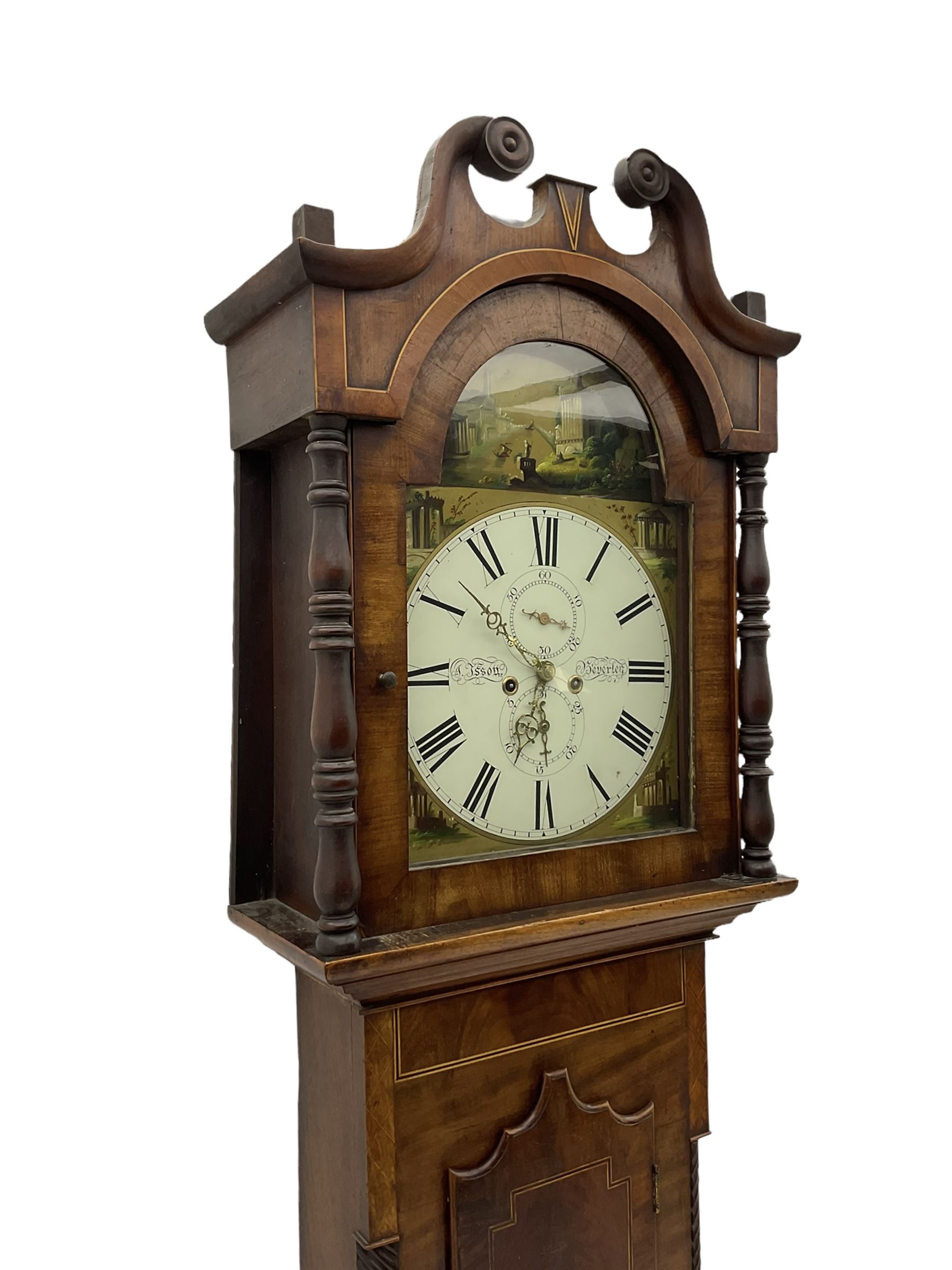 A mid-19th century c1840 mahogany longcase clock with a swan's neck pediment and turned wooden pater - Image 4 of 4