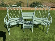 Green finish wrought metal garden two seat bench set