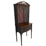 Edwardian mahogany tall and narrow display cabinet with scroll pierced broken arch pediment over two