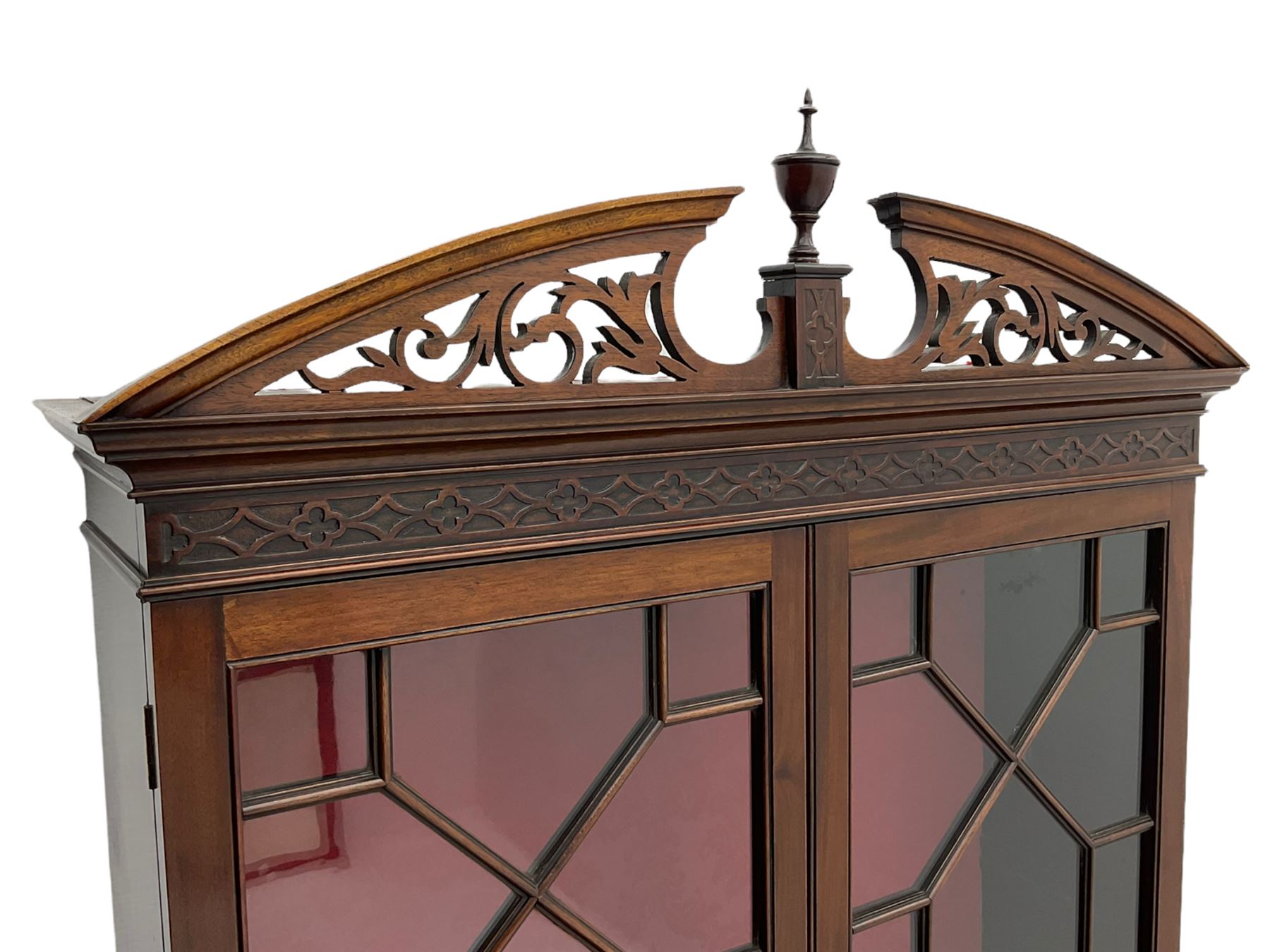 Edwardian mahogany tall and narrow display cabinet with scroll pierced broken arch pediment over two - Image 3 of 7