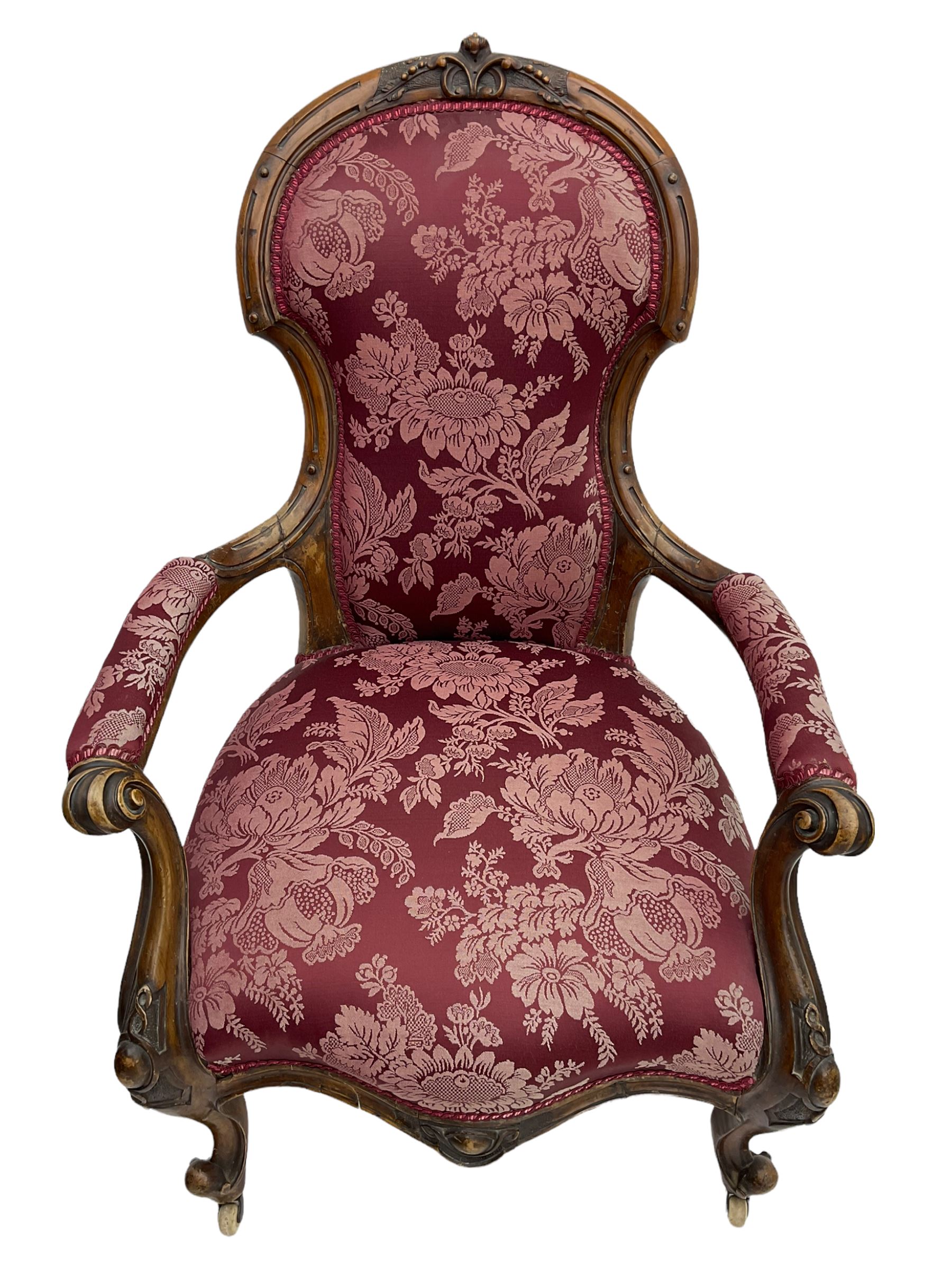 Victorian carved walnut framed ladies and gents upholstered chairs - Image 2 of 5