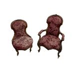 Victorian carved walnut framed ladies and gents upholstered chairs