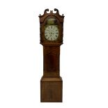 A mid-19th century c1840 mahogany longcase clock with a swan's neck pediment and turned wooden pater
