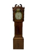 A mid-19th century c1840 mahogany longcase clock with a swan's neck pediment and turned wooden pater